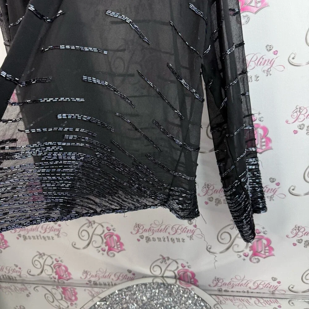 J Kara cardigan beaded embroidery, shiny mesh, Black and Silver Women's Cardigan
